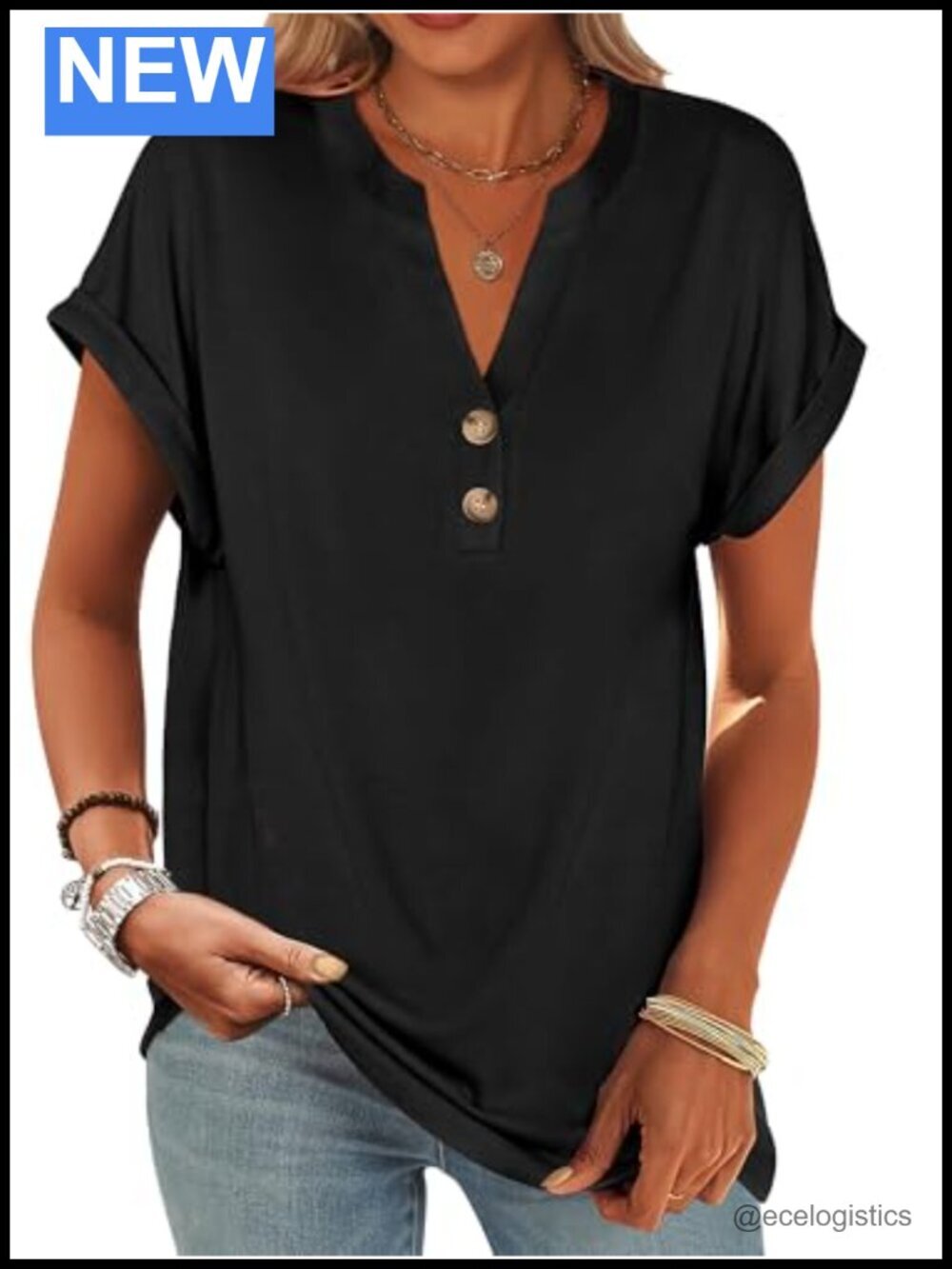 Short Sleeve Henley V-Neck Tunic Blouse with Buttons